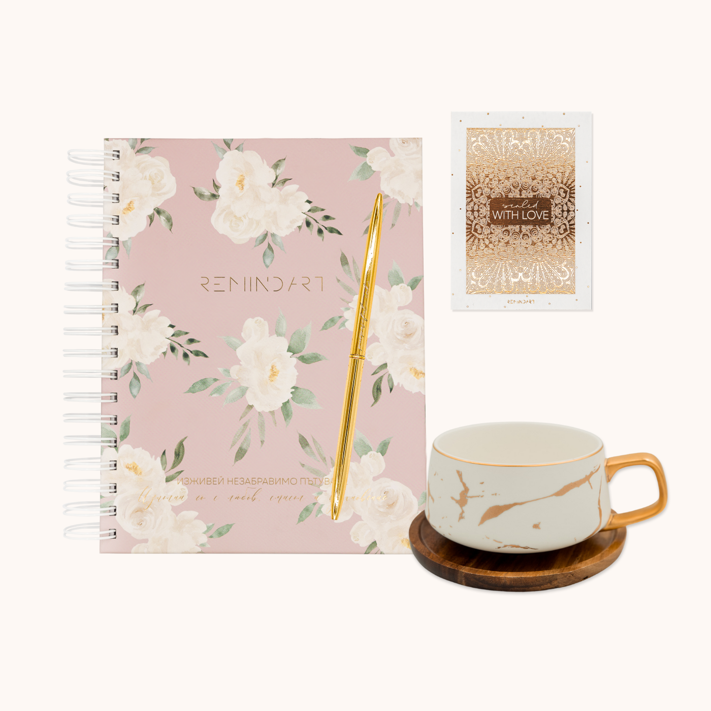 Set White Rose Purposeful Stationery Gifts Gold print REMINDART