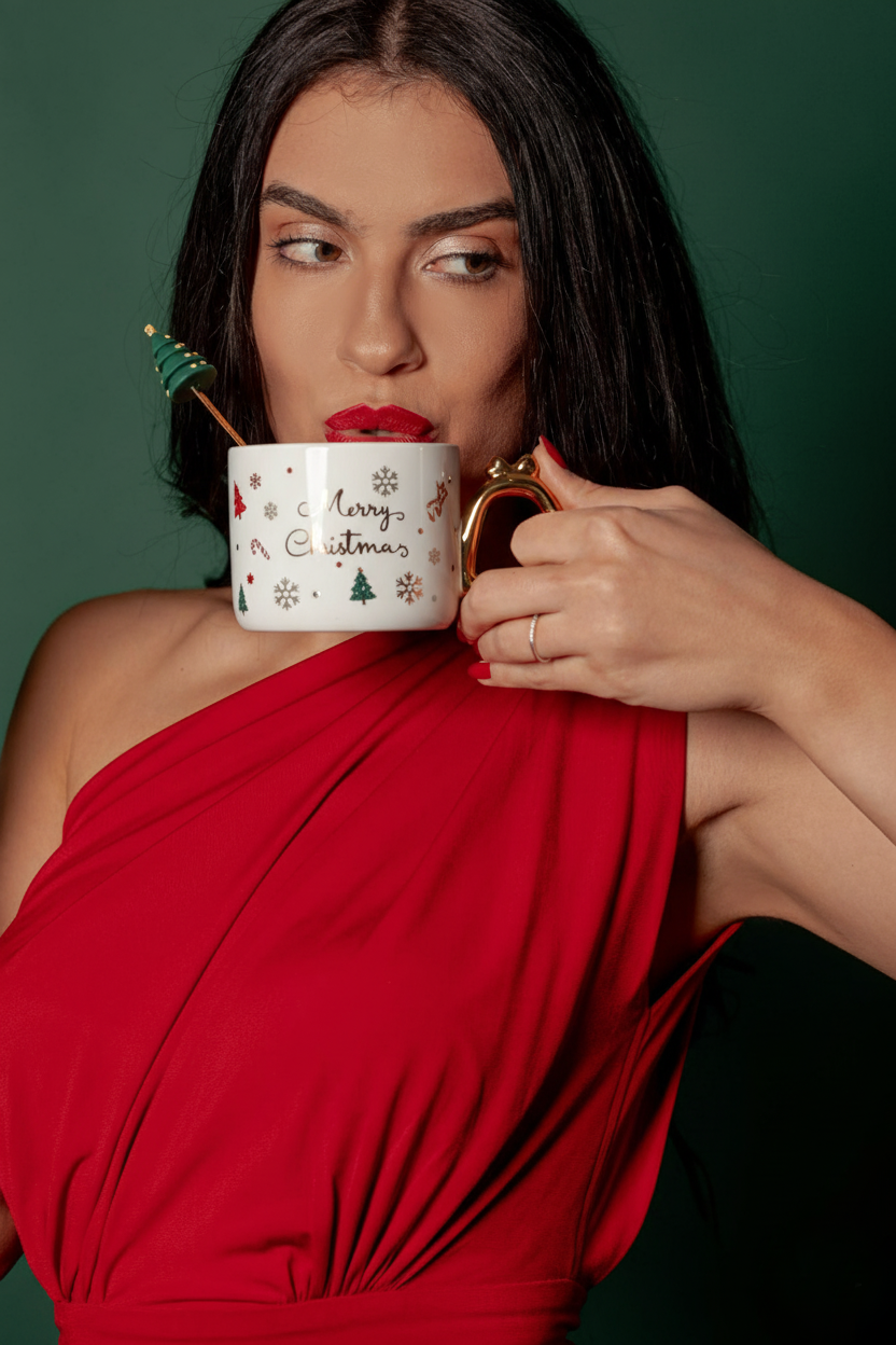 White Christmas Mug with Green Lid