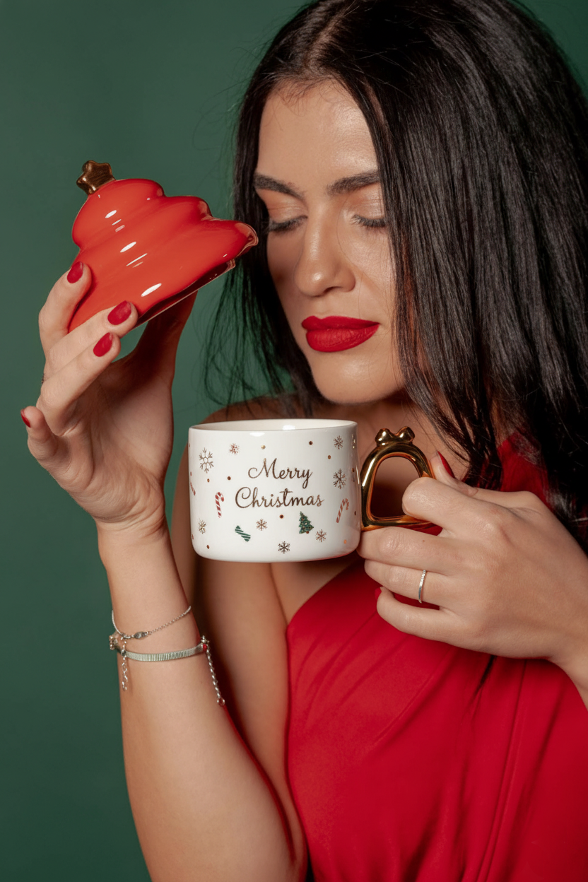 White Christmas Mug with Red Lid