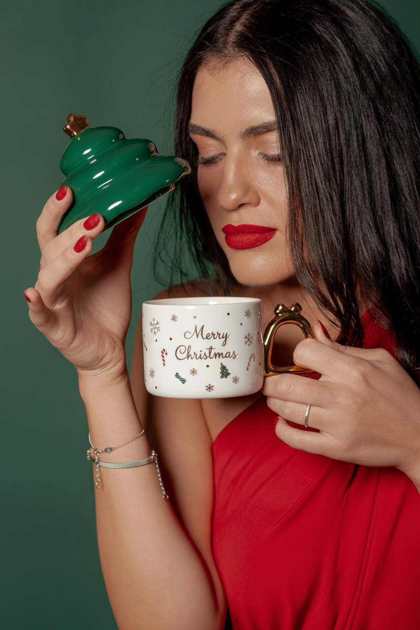 White Christmas Mug with Green Lid