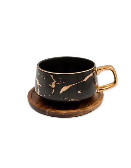 Black Marble Cup with Acacia Wood Plate