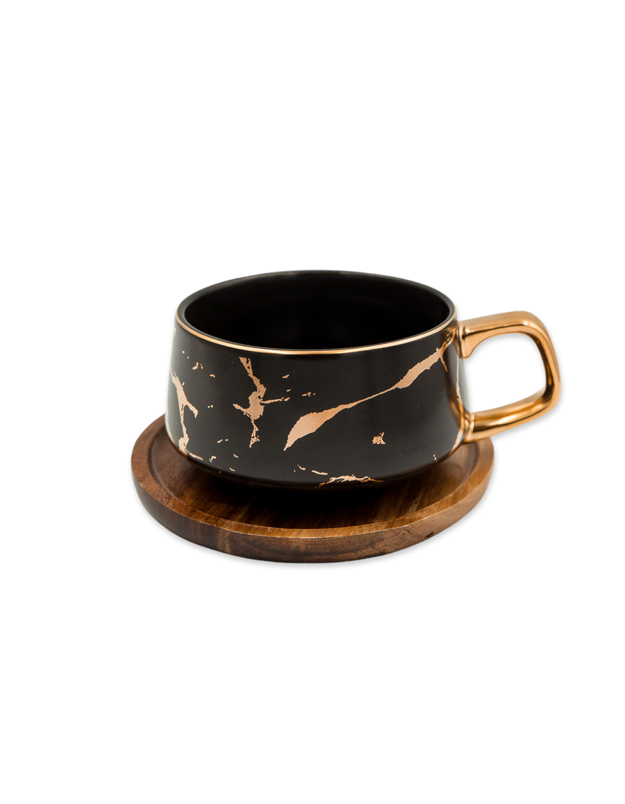 Black Marble Cup with Acacia Wood Plate