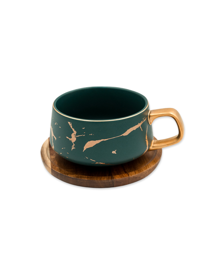 Green Marble Cup with Acacia Wood Plate