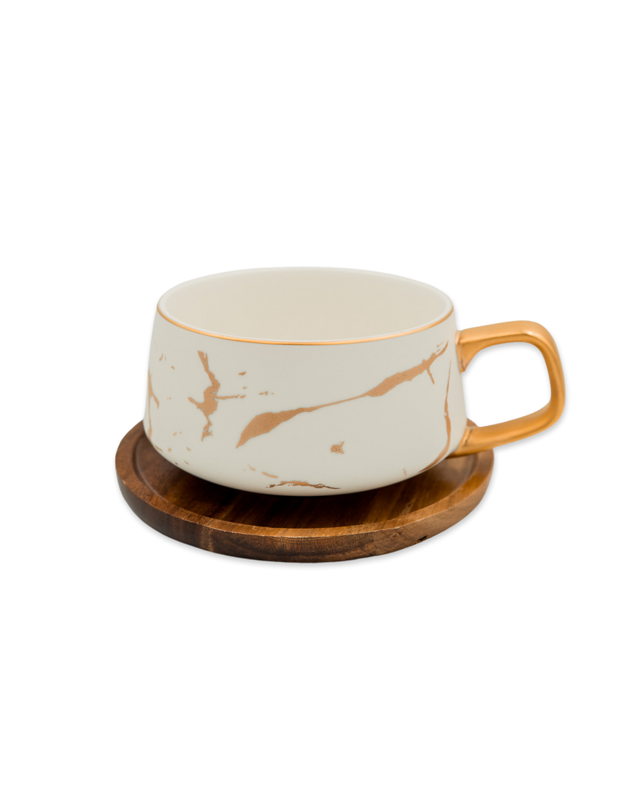 White Marble Cup with Acacia Wood Plate